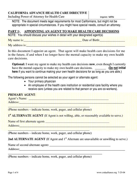 2004 Form Ca Advance Health Care Directive Fill Online Printable