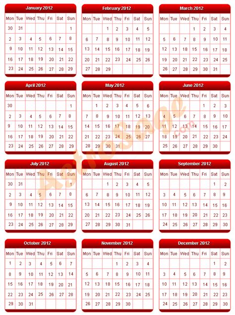 Free Printable 2012 Calendar Templates