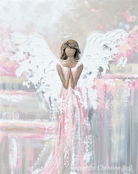 Angel Painting Canvas Print Guardian Angel Pink Beige Decor Wall Art