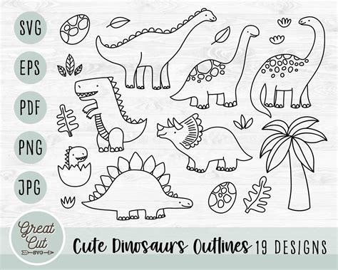 Cute Dinosaur Svg Bundle Hand Drawn Dinosaur Outlines Svg Etsy