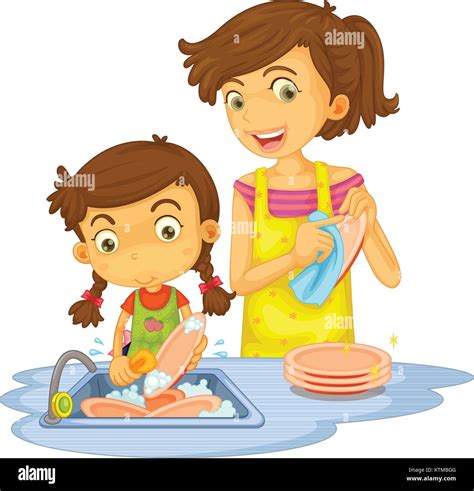 Illustration Of Mother And Daughter Washing Dishes Stock Vector Image And Art Alamy