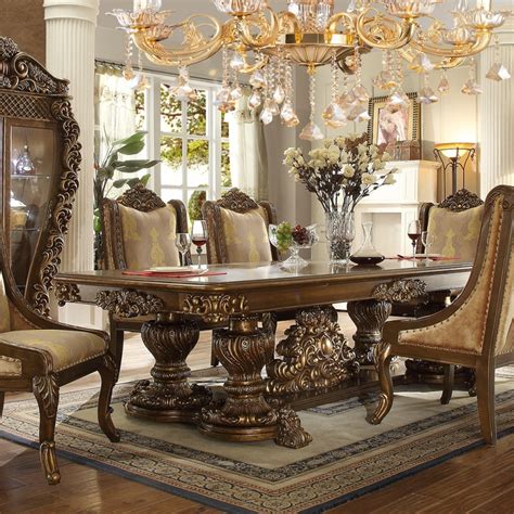 Homey Design Hd 8086 9pc Dining Table Set Metallic Bright Gold Finish