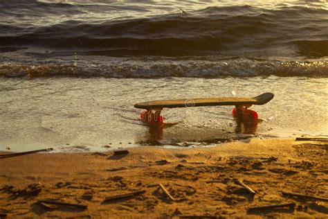 Skateboard In The Sand On The Beach At Sunset Stock Photo Image Of