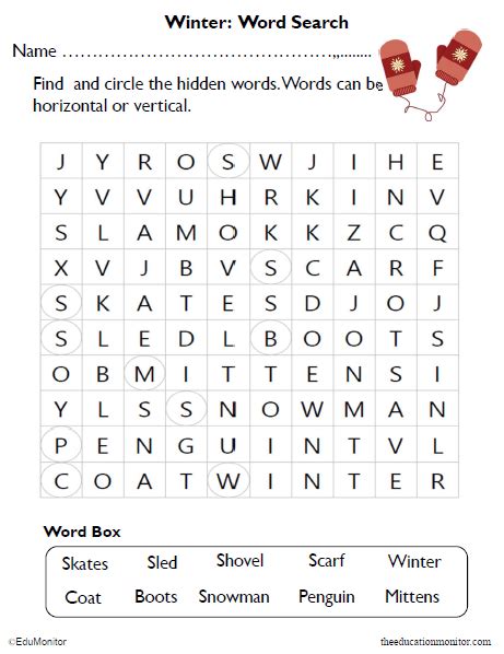 Winter 4th Grade Worksheetsfree Word Search Puzzle