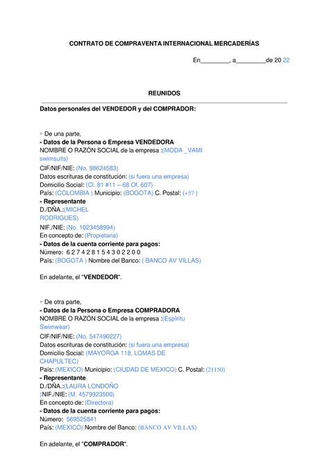 Modelo De Contrato De Compraventa Internacional CONTRATO DE COMPRAVENTA INTERNACIONAL