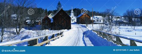 Snow Covered Bridge In New England Town Stock Image Image Of Cold