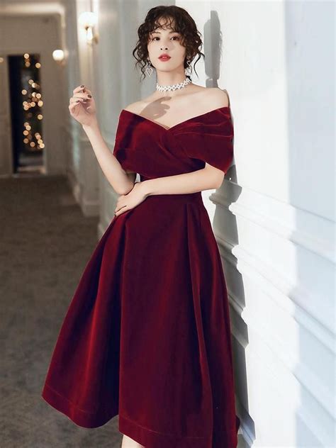 Wine Red Velvet Tea Length Homecoming Dress Dark Red Party Dresses