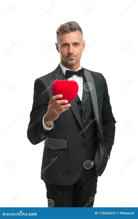 Generous Man Man Mature Handsome Guy Wear Elegant Suit Hold Red Heart Valentines Day