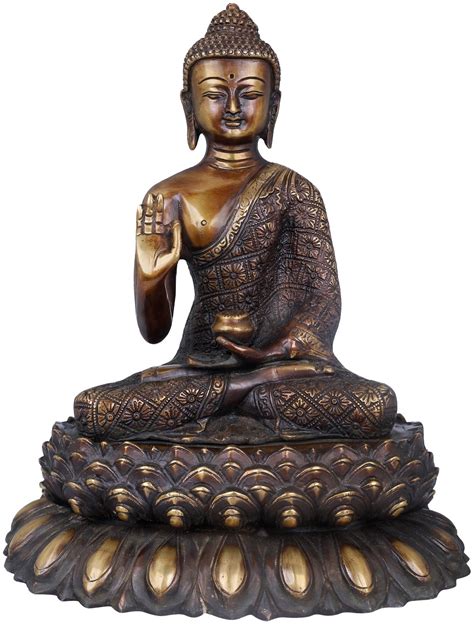 11 Vitarka Mudra Buddha Upon A Luxuriant Lotus Pedestal In Brass