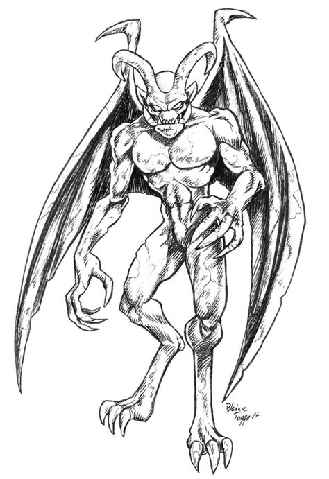 Black And White Standing Gargoyle With Long Devil Horns Tattoo Design
