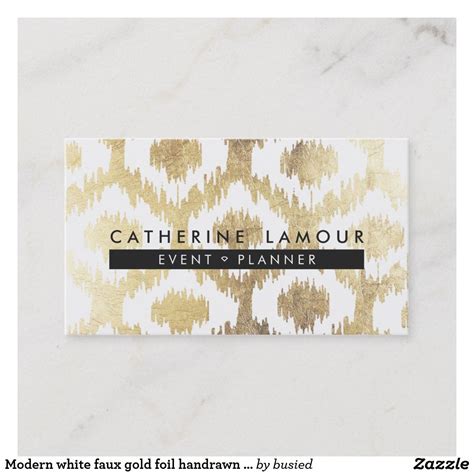 Modern White Faux Gold Foil Handrawn Ikat Pattern Business Card
