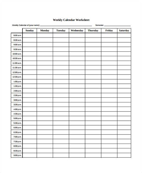 blank weekly calendar    word documents