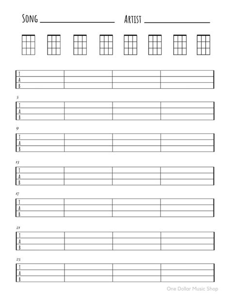Ukulele Blank Tabs And Chords Chart Instant Download Blank Sheet Music