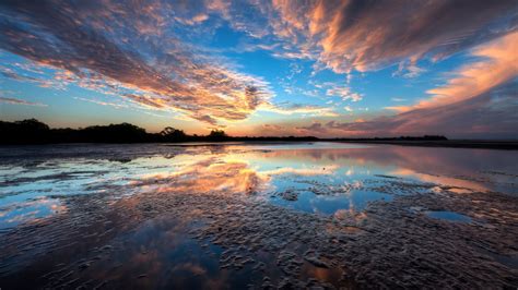 Water Sunset Blue Clouds Trees Lakes Reflections Sky Wallpaper