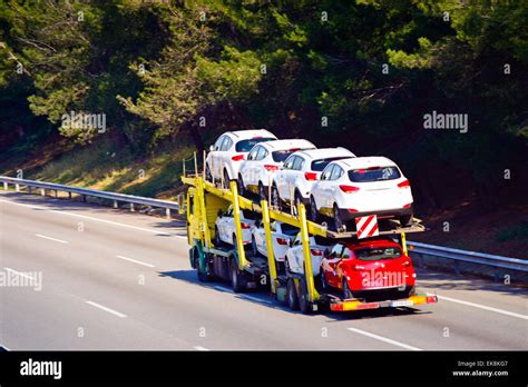 Truck Transporting Cars Barcelona Province Catalonia Spain Stock