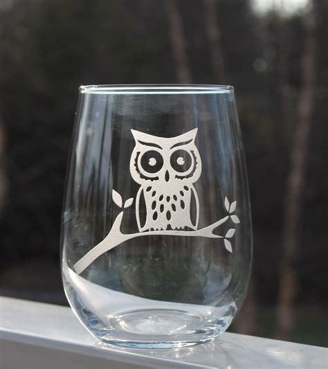 Etched Stemless Wine Glass Owl Wine Glass Wine Glass Etched 17oz Engraved Wine Glasses