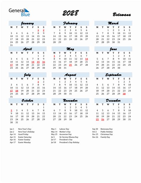 2028 Yearly Calendar For Botswana With Holidays