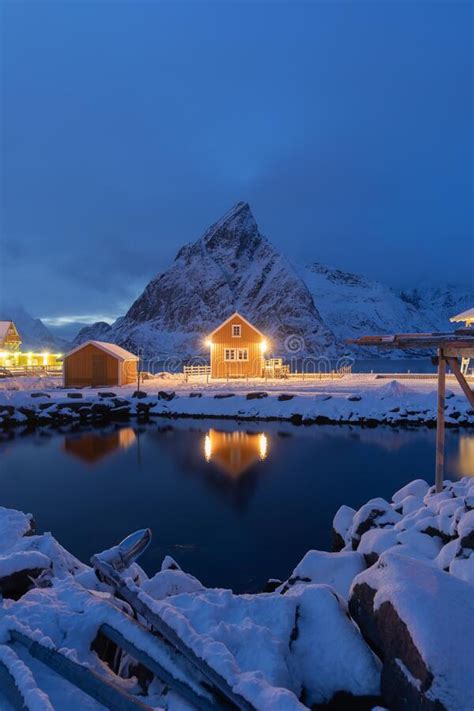 Home Cabin Or House At Night Norwegian Fishing Village In Reine City