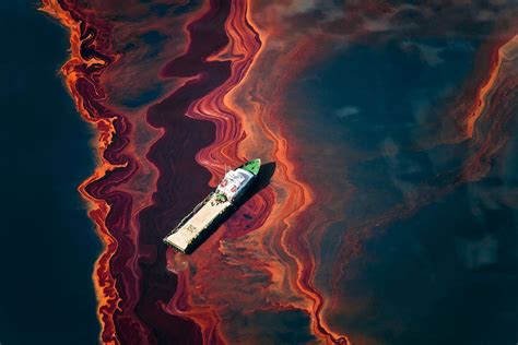 Boat And Oil Slick In Body Of Water Oil Pollution Deepwater Horizon