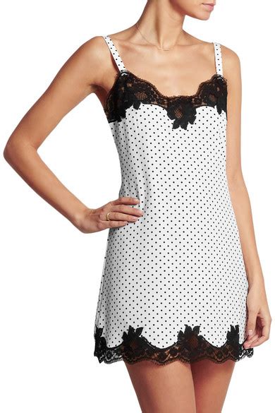 Dolce And Gabbana Lace Trimmed Polka Dot Stretch Silk Georgette Chemise