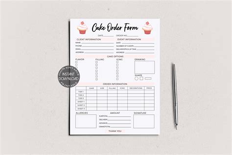 Paper Party Supplies Design Templates Custom Cake Order Form Editable Craft Order Form Small