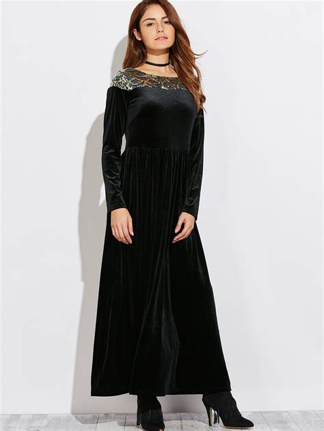 Black S Velvet Formal Long Sleeve Evening Maxi Dress