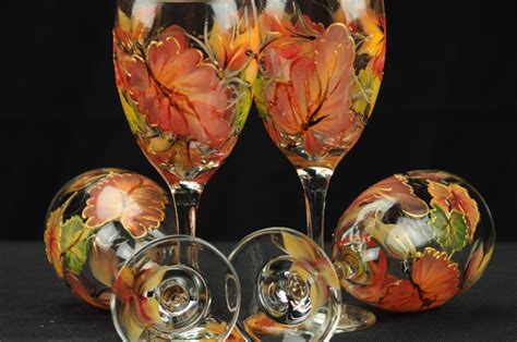 Set Of Four Hand Painted Wine Glasses Colorful Fall Leaves