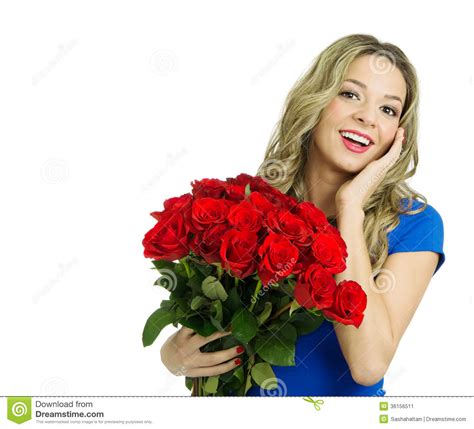 Beautiful Woman With Bouquet Of Red Roses Stock Image