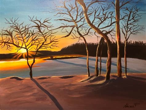 Hand Painted Acrylic Winter Sunrise Painting On Canvas 30 Cm X 40 Cm