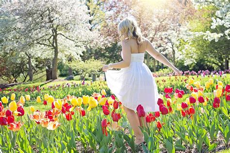 Spring Tulips Pretty Woman Young Woman Flowers Springtime Female