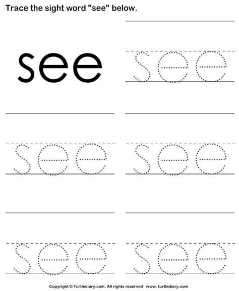 Sight Word See Tracing Sheet Worksheet Turtle Diary