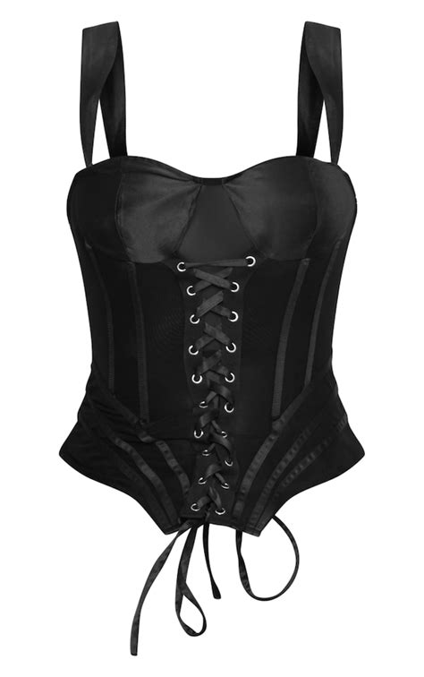 black satin eyelet lace up corset bodycon dress prettylittlething usa