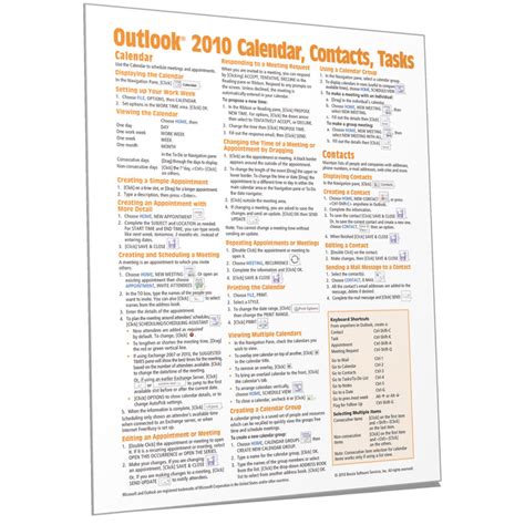 Outlook 2010 Calendar Contacts Quick Reference Guide Card Beezix