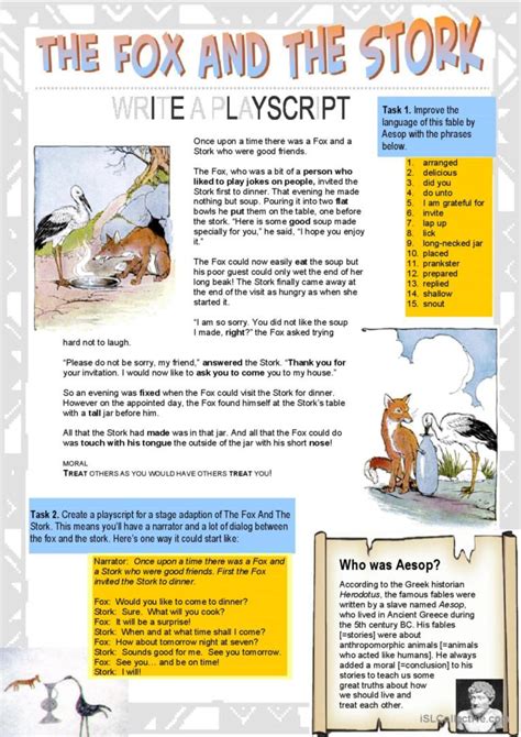 The Fox And The Stork Aesop Fable English Esl Worksheets Pdf And Doc