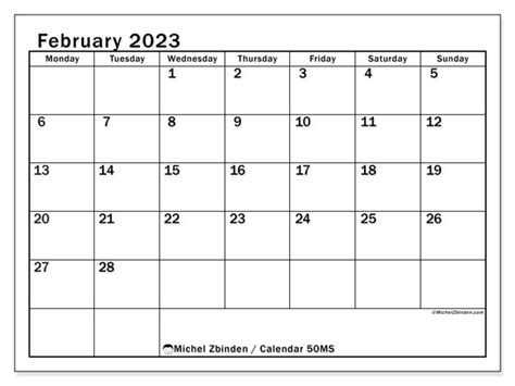 Calendar February 2023 50ms Michel Zbinden Gb