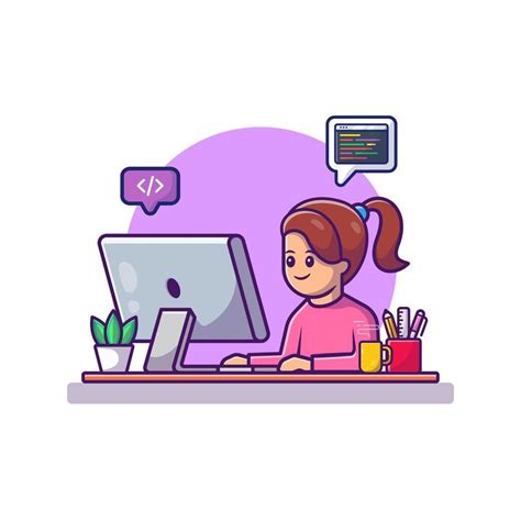 Cute Girl Working On Computer Cartoon Vector Icon Illustration People
