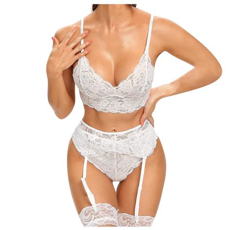 Ydkzymd Womens Sexy Lingerie Bra And Panty Set 3 Pieces Lace Teddy Chemise With Garter Belt