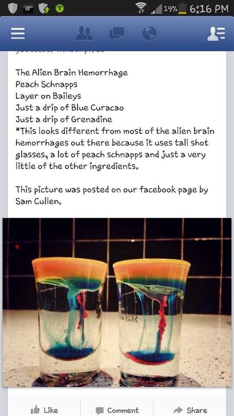 To make an alien brain hemorrhage cocktail, fill a shot glass with peach schnapps and put bailey's irish cream on top. Alien brain hemorrhage | Brain hemorrhage, Peach schnapps ...