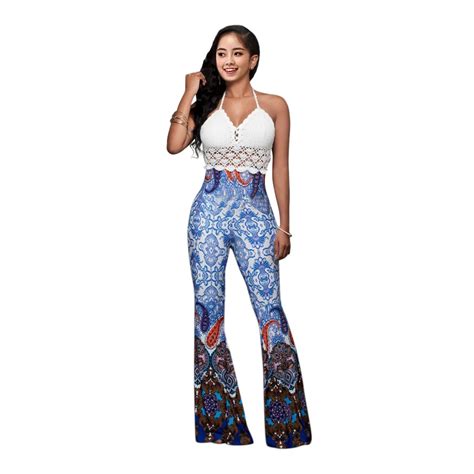 new arrive elegant lace stitching halter jumpsuit tie dyed flares pant print strap backless
