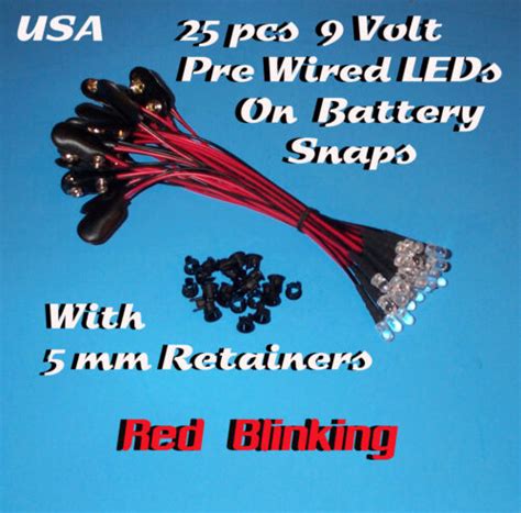 25 Pre Wired 5mm Leds 9 Volt Red Blinking Led On Battery Snap 9v