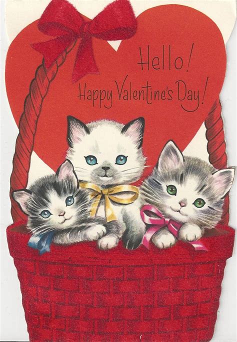 Vintage Valentine Kittens In Velvet Basket Valentines Greetings