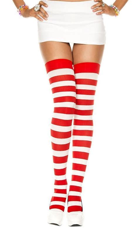 Music Legs Opaque Wide Stripe Whitered Thigh High White Thigh Highs Thigh Highs Thigh
