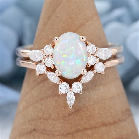 Natural Opal Engagement Ring Set Art Deco Opal Wedding Ring Set Hexagon