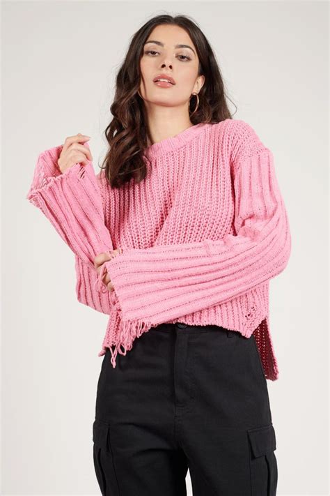 Tobi Sweaters Cardigans Womens Sugar Coated Pink Distressed Sweater