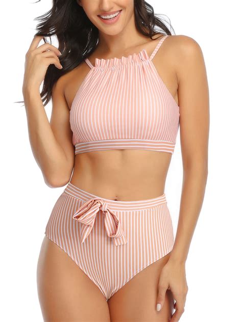 Himone Women High Waist Bikini Set Plus Size Ladies Striped Two Piece Swimsuit Swimwear Tops