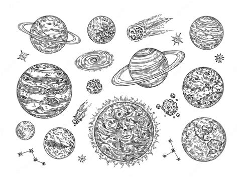 Premium Vector Sketch Solar System Planets Hand Drawn Comet Moon Star
