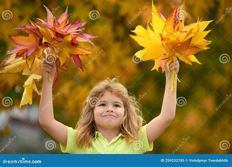 Kids Play In Autumn Park Children Throwing Yellow Leaves Child Boy