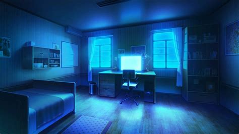 Anime Original Desk Ordenador Habitación Bed Noche Chair Ventana Fondo