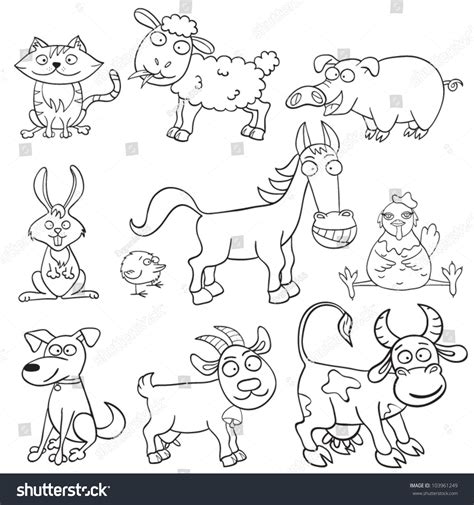 Outlined Cute Cartoon Farm Animals Coloring Stock Vector
