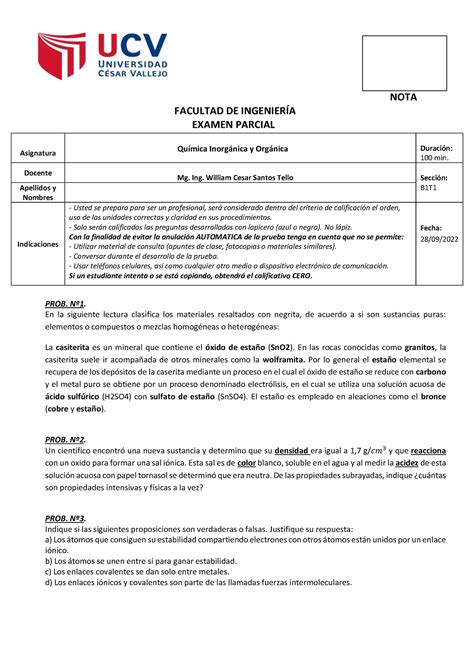 Examen Parcial De Quimica Inorganica Y Organica Nota Facultad De Ingenier A Examen Parcial